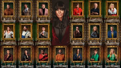 A collage of portraits of all The Celebrity Traitors contestants in frames surround a shot of Claudia Winkleman standing in a red jacket with black lapels, smirking knowingly