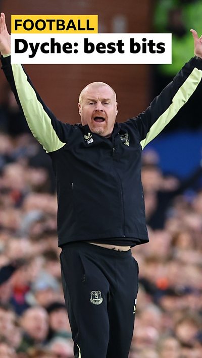 A composite image of Sean Dyche with his arms in the air. A blurred crowd is behind him. Text has been added for a headline.