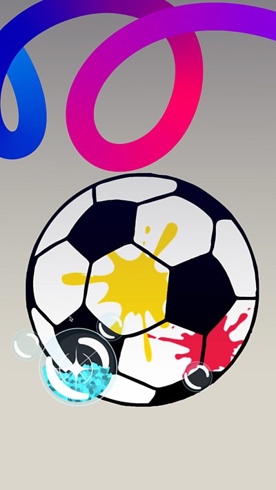 A football line art template, bubbles with yellow and red splats across it, plus a rainbow coloured ribbon along the bottom.