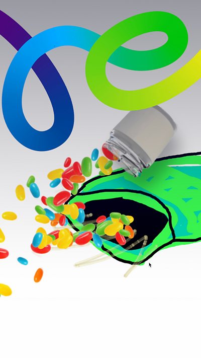 Jelly beans spilling from a drawing of a green packet.