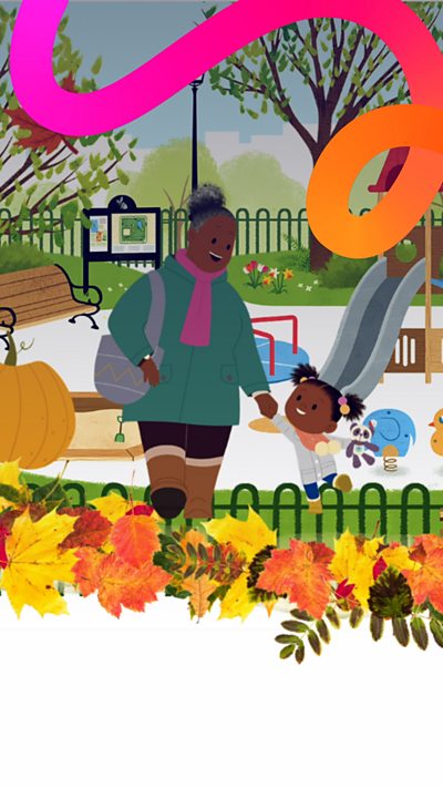 JoJo and Gran Gran walking through an autumn scene hand in hand.