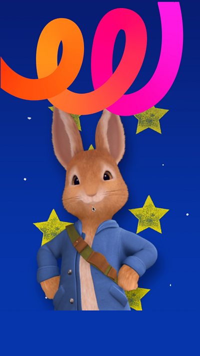 Peter Rabbit stood proudly in from a blue background covered in yellow star stamps.
