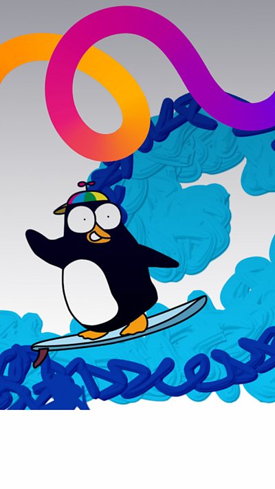 A penguin riding a blue wave on a surfboard.
