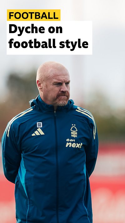 A composite image of Sean Dyche stood on a football pitch. Blurred background and text featuring a title.