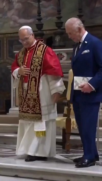 Pope Leo and King Charles seen next to each other at Sistine Chapel