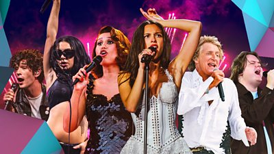 A composite image of performers at Glastonbury 2025 including The 1975, Charli XCX, Raye, Olivia Rodrigo, Rod Stewart and Lewis Capaldi