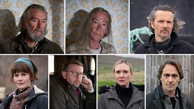Composite image. Seven headshots of actors appearing as guest characters in Shetland series 10. 