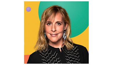 Mel Giedroyc headshot. She is smiling. The background is made up of multicolour graphic circles on a yellow background.