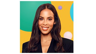 Rochelle Humes headshot. She is smiling. The background is made up of multicolour graphic circles on a yellow background.