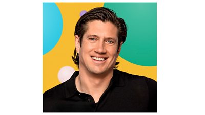 Vernon Kay headshot. He is smiling. The background is made up of multicolour graphic circles on a yellow background.