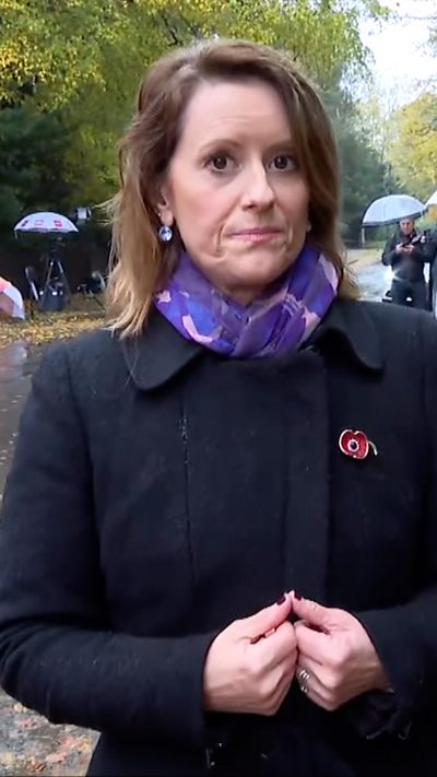 BBC royal correspondent Sarah Campbell standing in the street in front of Royal Lodge