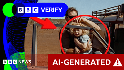 An image from 鶹 Verify, showing a scene of a child in a person's arms, being carried in or out of a car. A big circle surrounds the child, and an 'AI-generated' warning message appears underneath it.