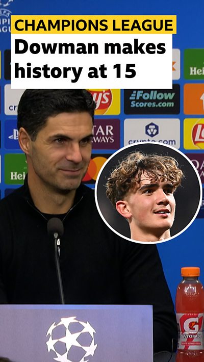 Mikel Arteta and a cutout of Max Dowman