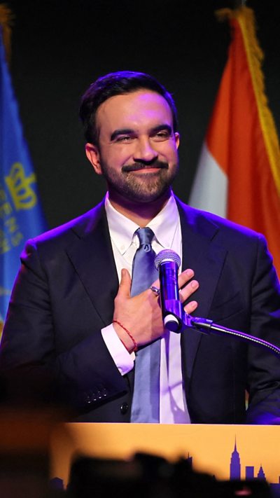 Zohran Mamdani is speaking to a crowd after winning the NYC election.