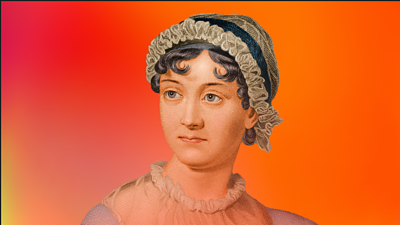 An illustration of author, Jane Austen, in 18th century dress