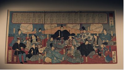 A colour woodblock print triptych displays the Ancient Japan shoguns of old. 