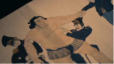 A close-up of an ancient Japanese scroll shows a 'barbarian' from the Edo Period.