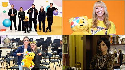 A collage of stills from various elements of the Appeal Night including the presenting line-up for Children in Need, Sara Cox, a mini Kat Slater from EastEnders and Tom and Buzz Fletcher