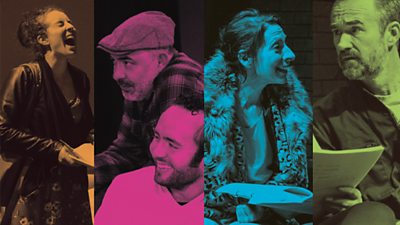 A collage of four people in different coloured panels, each holding scripts or papers. The panels are tinted in shades of brown, magenta, teal, and green, creating a vibrant, artistic effect. The individuals appear to be engaged in a rehearsal or reading session