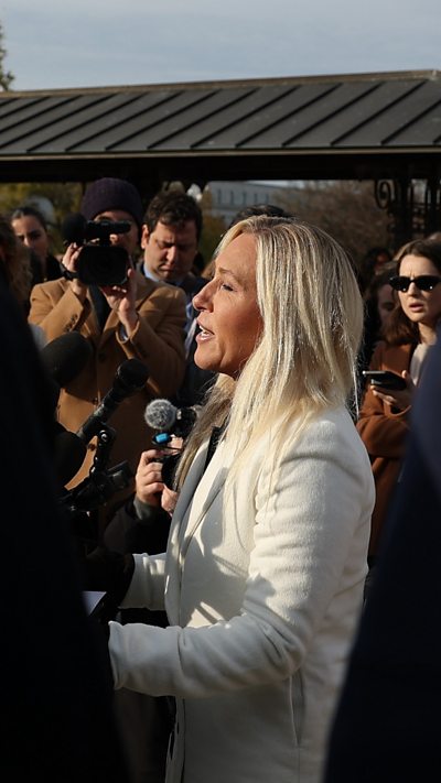 Marjorie Taylor Greene speaks during a news conference concerning the Epstein files.