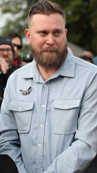 Sky Roberts, brother of Virginia Giuffre, speaks to the press.