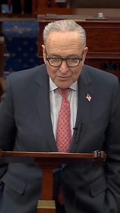 Chuck Schumer wears a grey suit and light red tie as he speaks in the Senate with rows of empty chairs behind him.