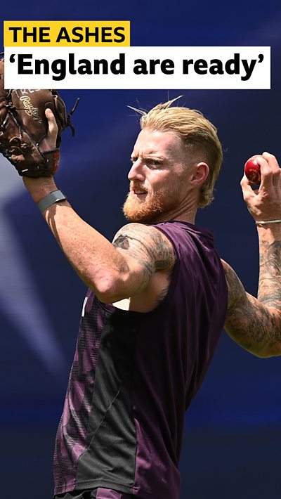 England cricket captain Ben Stokes throwing a ball. Text has been added.