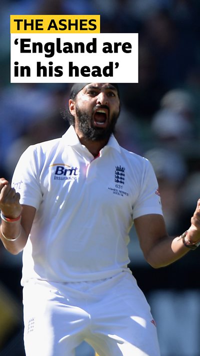 England spinner Monty Panesar celebrating a wicket. He is wearing an England kit and a patka.