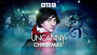 Artwork for Uncanny Christmas. The usual artwork for Uncanny, featuring Danny Robins, is transported to a festive landscape, complete with snow, haunting snowmen and a mysterious house on the horizon.