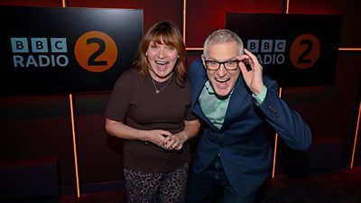 Photo of Lorraine Kelly and Jeremy Vine in the BBC Radio 2 Studio.