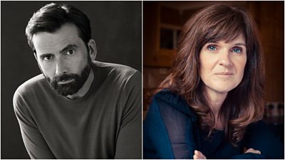 A collage of headshots of David Tennant and Siobhan Finneran. On the left, David is pictured in black and white, wearing a long sleeve top and raising one eyebrow while looking solemn. On the right, Siobhan smiles to camera with her arms folded, wearing a navy blue long sleeve top.
