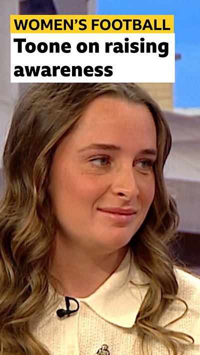 A photograph of Ella Toone on the BBC Breakfast sofa. Headline text has been added.