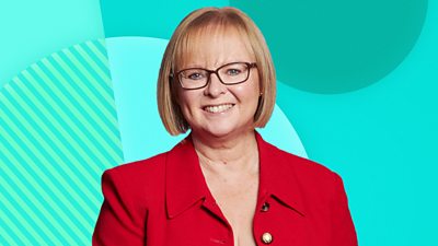 Headshot of Eleanor Oldroyd in front of BBC branding for 5 Live.