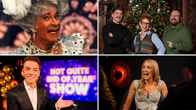 Composite image featuring four photos from BBC Scotland programming this Christmas. Photos featured are from Being Stanley Baxter, Scotland’s Christmas Home of the Year 2025, Not Quite End of Year Show, and Hogmanay 2025. 