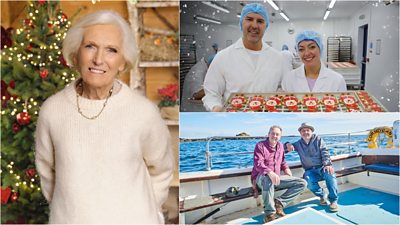 Stills from A Mary Berry Christmas, Inside The Factory Christmas special and Gone Christmas Fishing