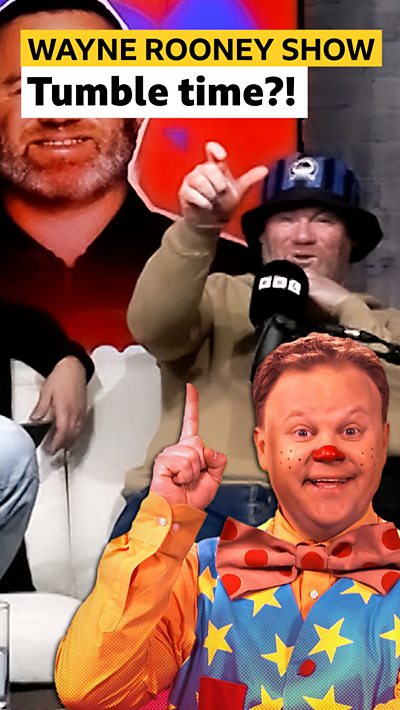 Wayne Rooney in a radio studio with Mr Tumble pointing at him