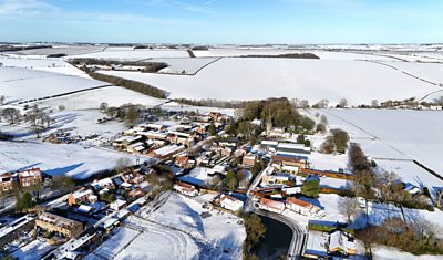 Ariel shot of the snow covered village of Huggate in East Yorkshire from November 2025