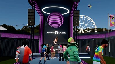A virtual outdoor festival venue for Radio 1 Dance, with a DJ on stage playing to a crowd of virtual audience avatars.