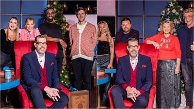 A split screen image featuring sets of four contestants, who stand behind host Richard Osman as he sits in a red high backed armchair