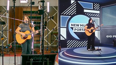 A montage of two images - on the left, someone playing a guitar in a recording studio, surrounded by lighting and equipment. On the right, the same performance taking place in the virtual concert venue without being surrounded by all the equipment, instead the venue looks like a modern club decked out with Radio 1 designs.