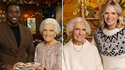 Composite image featuring two photos of Mary Berry with guests. On the left, Mary stands beside Harry Aikines-Aryeetey. On the right, Mary stands beside Zoe Ball. 