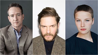 Headshots of two men and one woman - Matthew Macfadyen, Daniel Brühl and Devrim Lingnau Islamoğlu - arranged in a collage