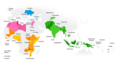 World map with countries indicated where 鶹 Media Action works.