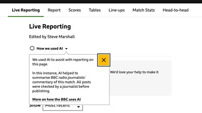 A screenshot of a live sports reporting page detailing how the BBC is using AI. ‘How we used AI’ is written at the top of the webpage. A dropdown box underneath this text explains how AI has been used to assist with reporting on this particular page. 