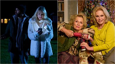 A spit screen image. On the left, a man and a woman stand outside at night as she looks concerned, checking her phone. On the right two women pull Christmas crackers.