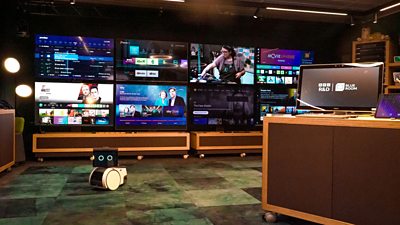 Interior of the Blue Room lab in BBC Broadcasting House with research equipment, including a robot and connected devices