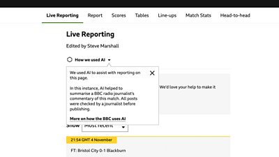 "A screenshot of a live sports reporting page detailing how the BBC is using AI. ‘How we used AI’ is written at the top of the webpage. A dropdown box underneath this text explains how AI has been used to assist with reporting on this particular page.”