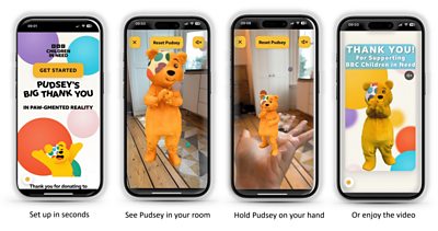 Smartphone screenshots of Pudsey's Big Thank You - showing the screens as you move through the setup process, then aligning a virtual Pudsey in your room through a camera, then placing him on your palm, and finally a thank you message from Children in Need.