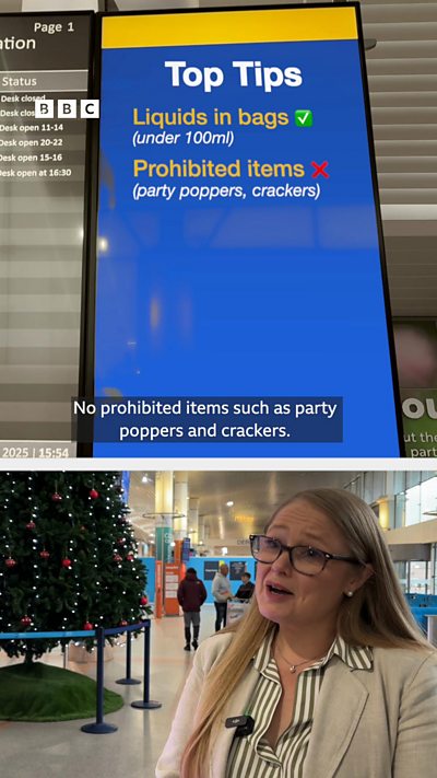 An airport departure board shows "Top Tips" for what to include in your luggage this Christmas