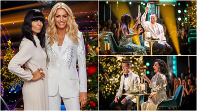 Left: Tess Daly and Claudia Winkleman pose together in white outfits in a festively decorated ballroom. Right: Motsi Mabuse, Craig Revel Horwood, Shirley Ballas and Anton Du Beke laugh as they sit on high stools raising a glass in a toast